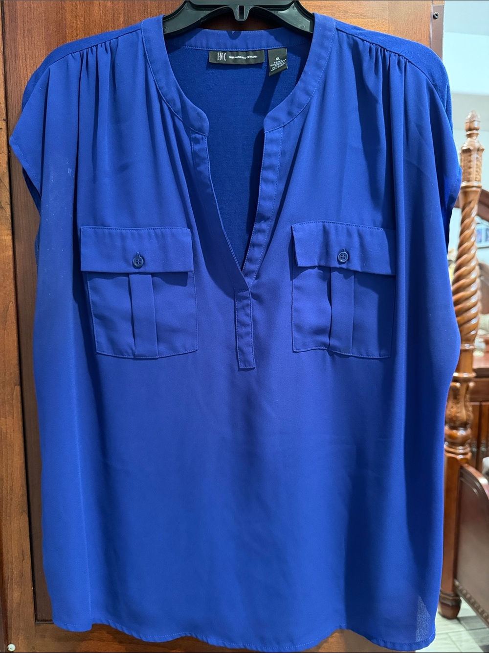 INC International Concepts Royal Blue Split-Neck Blouse
